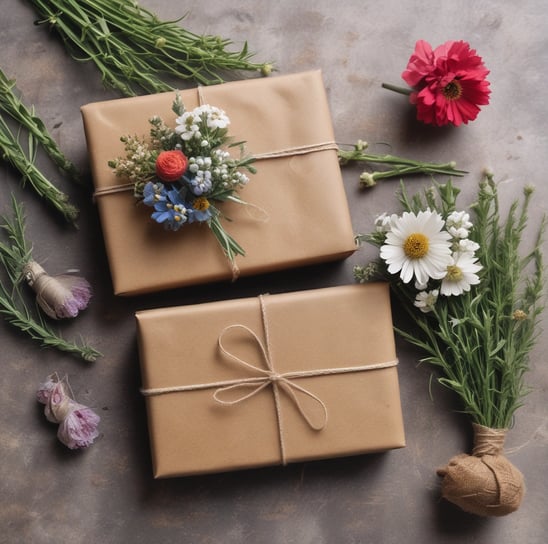 A gift wrapped in plain brown paper is tied with a red and white striped string. Attached is a brown paper tag with the text 'made in Santa's Workshop'. The background consists of a festive red color and a glimpse of a plaid pattern below the gift.