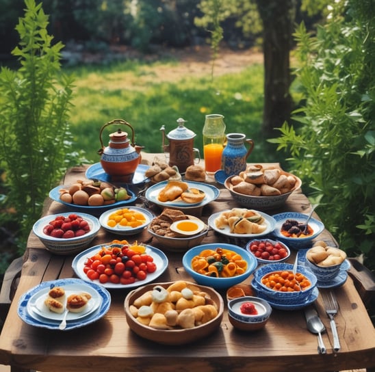 A family enjoys breakfast together at a light-filled table. The table is set with waffles, berries, orange juice, coffee, and a variety of small dishes containing condiments and toppings. Two adults and a child are engaged in a lively conversation, surrounded by plants and a cozy seating area.