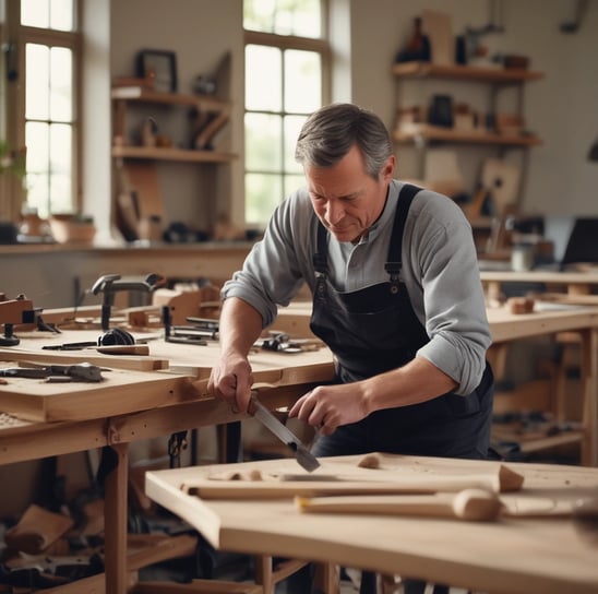 A person wearing traditional clothing is working meticulously on what appears to be an intricately designed wooden furniture piece or artifact. The background shows a large quantity of stacked wooden planks, indicating a workshop or carpentry setting.