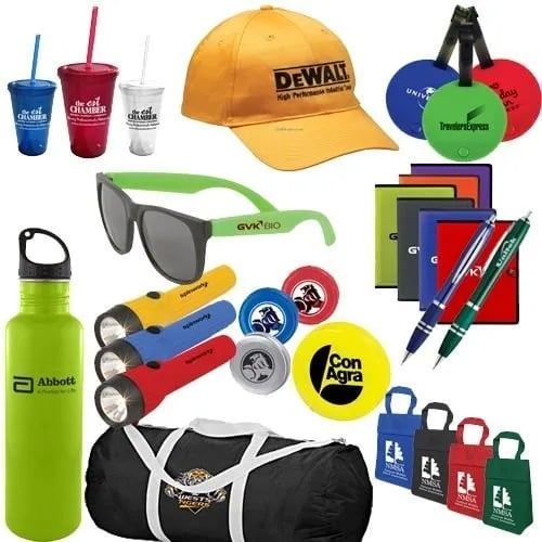 a variety of promotional items including a water bottle