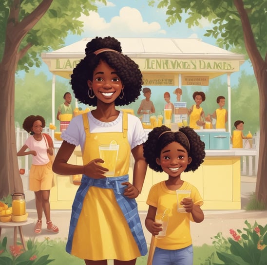 A bright and heartwarming illustration of a young Black girl with big, expressive brown eyes and two