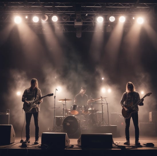 Samsara band  playing guitar in a dark room