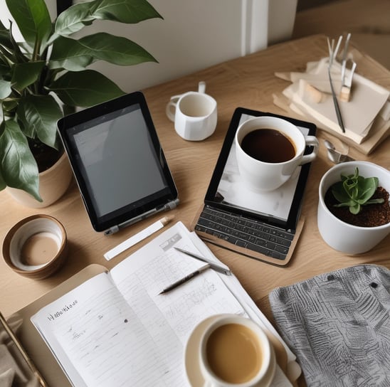 A workspace featuring a keyboard, mouse, monitor, and a tablet displaying icons for design software such as Photoshop, Premiere, After Effects, Illustrator, and Audition. A book titled 'Graphic Design Play Book' is positioned next to a plant, and a pink transparent container is near the monitor.