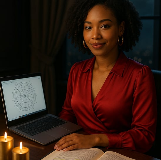 Black woman studying birth chart by moonlight with candles and astrology book.