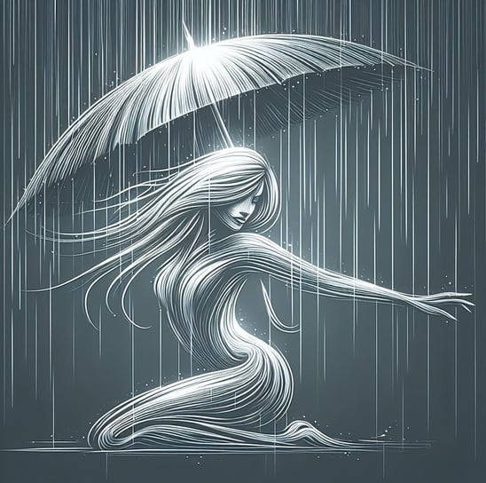 AI generated line art image of woman under an umbrella in the rain