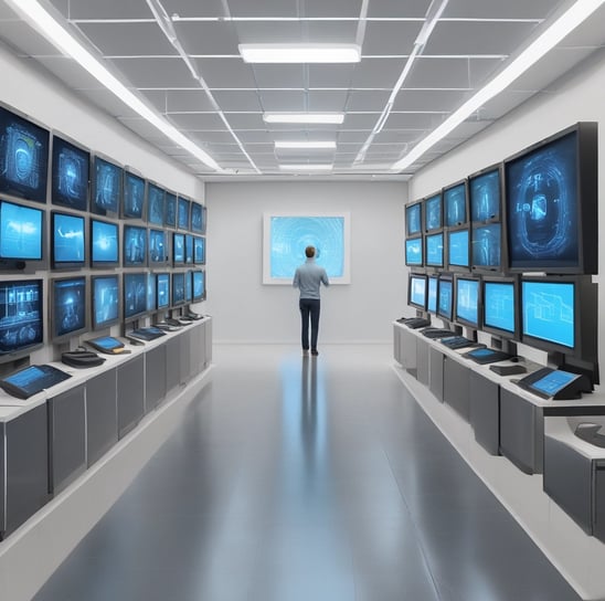 A hand holding a thermal scanner is pointed towards a rack of computer servers. The servers are illuminated with blue LED lights, giving a technological and futuristic feel.