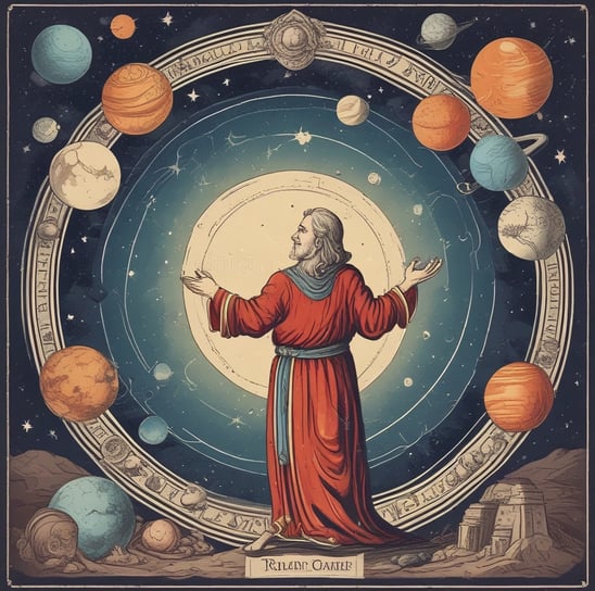 A collection of vintage-like astrology-themed items featuring an astrology book or card on top of celestial maps. The design includes circular and linear patterns reminiscent of old astronomical charts. A large, dried brown leaf is placed beside these items, contrasting with the soft textured surface beneath.