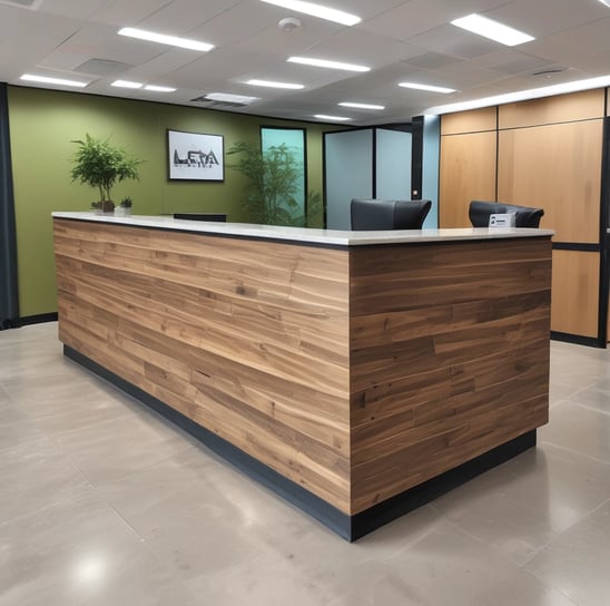 An interior space featuring a modern showroom with large ceramic tiles and bright lighting. The walls display brand signage and various tile samples. A sleek, minimalist desk is centered, surrounded by a clean and spacious environment.