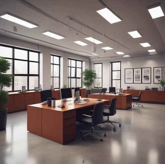 A modern skyscraper with a unique angular design features reflective glass panels. The name 'King & Spalding' is prominently displayed at the top, and another building’s silhouette is visible in the reflection. The blue sky and some thin clouds are visible in the background.