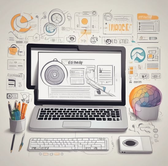 A laptop computer with a website displayed on the screen featuring the text 'Exceptional Web Application design & development'. The laptop is on a dark surface, and the website has a clean and modern design with a light background and colorful text elements.