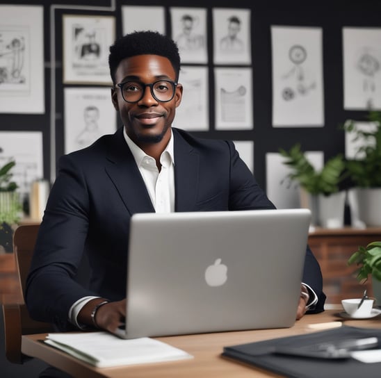 a man in a suit and glasses sitting at a desk