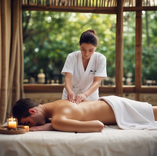 A variety of spa and skincare items are arranged aesthetically, including jars of cream, bars of soap, a glass jar filled with honey, and pink salt displayed in a small bowl. Dried herbs and smooth black stones enhance the natural and calming theme.