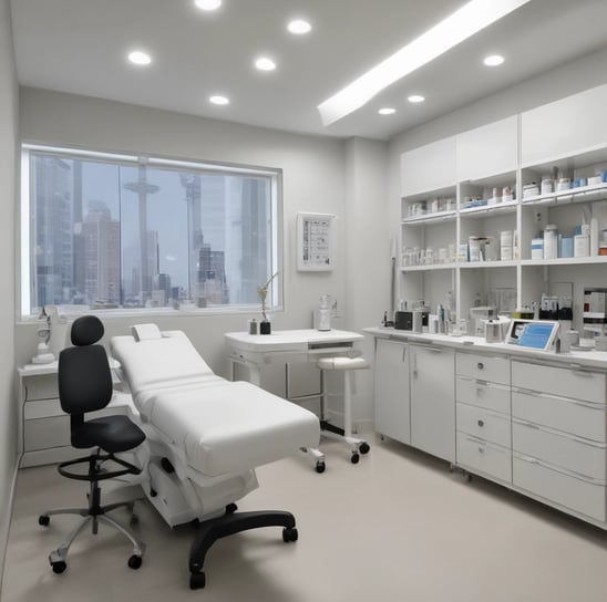 A gloved hand holds a syringe labeled 'WHITER IMAGE' containing a gel used for teeth whitening. The background shows a dental clinic setting with a dental chair and equipment.