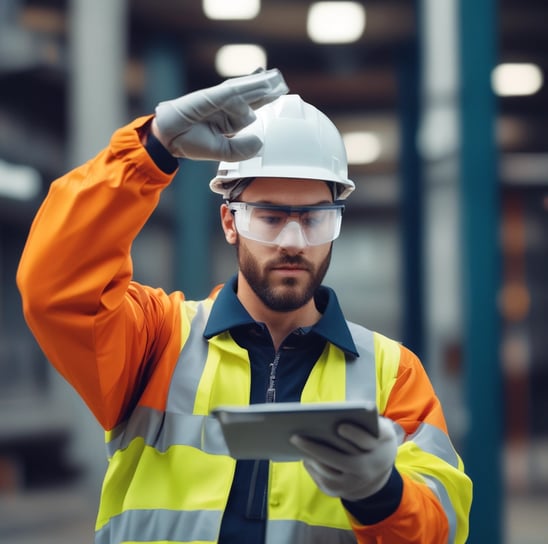 A person wearing a bright red industrial jacket with reflective stripes and a white safety helmet. They are holding a book titled 'Occupational Safety and Health Act' against a plain blue background. The person is smiling and the jacket has a logo on the chest.