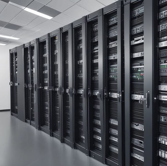 A digital rendering depicting a tall, metallic server rack positioned centrally on a platform. The server appears to have multiple blue-lit slots. Surrounding the rack, there are several stacks of cylindrical objects resembling databases or storage units, all set against a dark background.