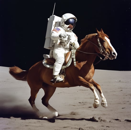 AI-generated image of an astronaut riding a brown horse on what appears to be the lunar surface