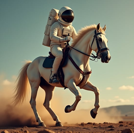 AI-generated image of an astronaut riding a white horse in an arid landscape