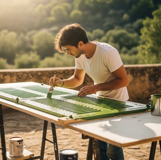 a man is painting a green planter