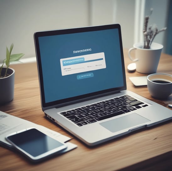 A laptop is open on a wooden table with a webpage displaying '100 ChatGPT audience building prompts' visible on the screen. In the background, there is a bowl of coffee, which seems partially full.