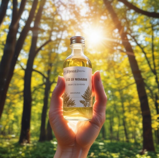 A hand holds a dark green bottle of dietary supplement gummies amidst bright green leaves. The bottle is labeled as 'AfterCoweed' and contains omega 3, 6, 9, and DHA advanced formula. The background features dense foliage.