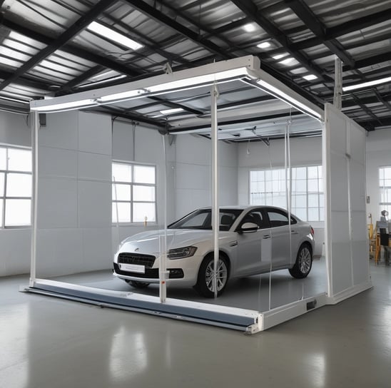 A person is applying a spray finish to a long object in a contained spray booth. The environment appears industrial, with machinery and safety equipment visible. The lighting highlights the object being worked on, which is supported by a rolling metal frame.