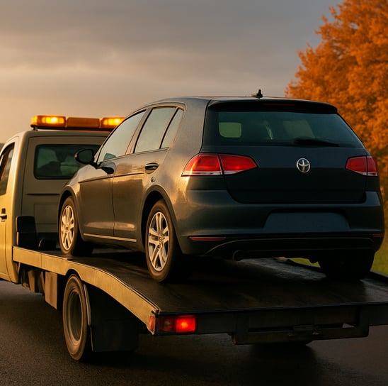 Towing Vehicle carrying a car suffered from sudden breakdown