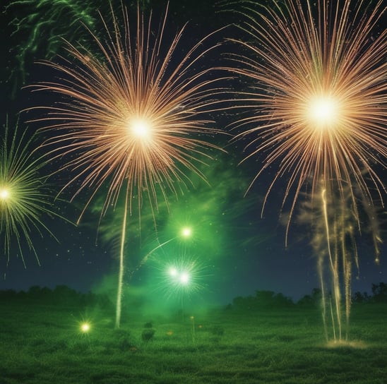 Fireworks display with bright sparks and smoke against a dark night sky. The explosion creates a pattern of cascading lights and vibrant colors.