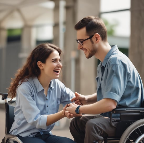 Several adults are gathered around a young girl, placing their hands gently on her shoulders in a supportive gesture. They seem to be outdoors, with trees and a small building visible in the background. The scene conveys a sense of care and community.