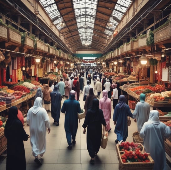 A bustling indoor market scene with many people engaged in buying and selling activities. There are stacks of packaged goods and containers around, and vendors are interacting with customers. The structure suggests a large warehouse with numbered sections on the pillars.