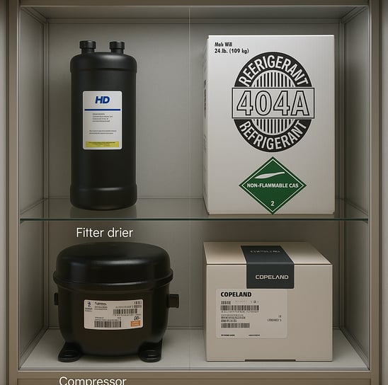 sparepart AC, filter drier, refrigerant R404A, kompresor hermetik, solenoid coil Copeland