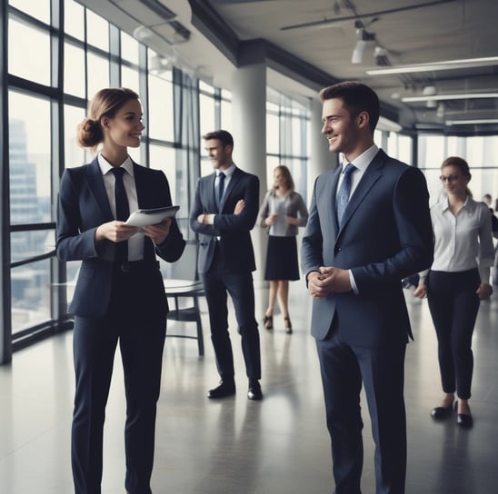 A close-up of a luminous, stylized logo resembling a circular knot with a gradient blue background, prominently displayed on a screen. Behind it, the word 'OpenAI' is visible, illuminated against a dark backdrop.