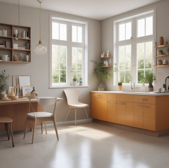 A minimalist composition featuring eco-friendly cleaning products arranged on a textured beige fabric. There's a bottle with a pump dispenser, a small packet, and two paper bags with lavender and mint green labels. The background is softly lit, creating a calm atmosphere.