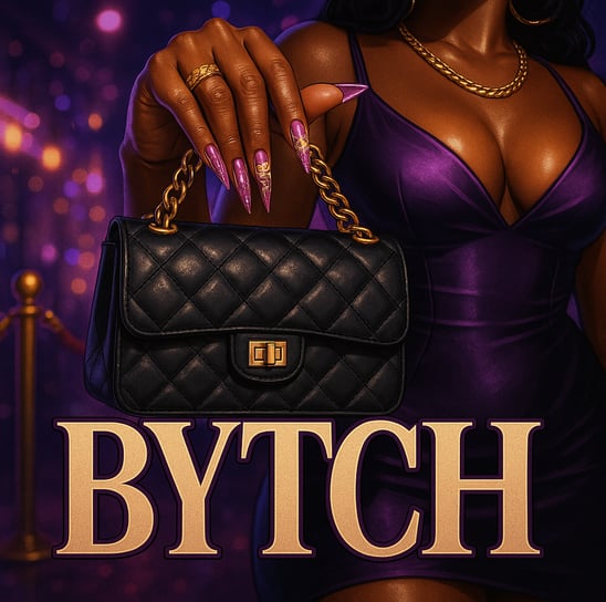 a woman in a purple dress holding a purse