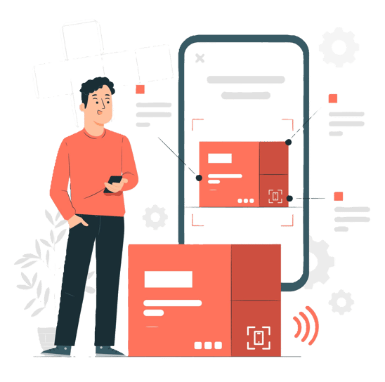 a man standing in front of a phone with a box of boxes