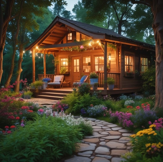 A cozy wooden garden house adorned with colorful flowering plants and string lights, surrounded by lush green trees and bushes. The setting creates a serene and welcoming outdoor space, with garden furniture indicating a place to relax and enjoy nature.