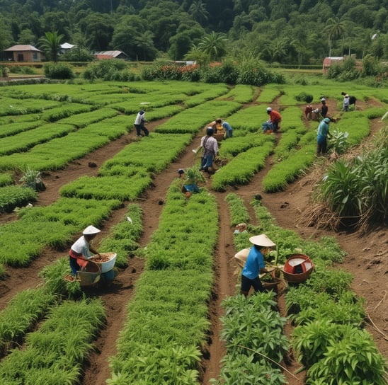 A lush agricultural landscape with rows of green leafy vegetables growing in the foreground. In the midground, a small wooden shed is surrounded by poles, possibly used for supporting plants. Background features rolling hills and dense green forests under a blue sky with some cloud cover.