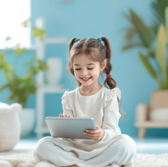 a little girl sitting on a rug learning with a tablet