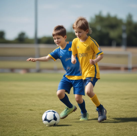 A young soccer player in blue uniform is actively kicking a yellow and black soccer ball on a grassy field. In the background, several children and adults are watching, with cars and tents nearby.