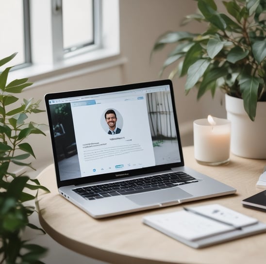 A laptop displaying a LinkedIn profile page is placed on a light-colored surface. To the left of the laptop, there is a white candle in a glass holder and a green plant in a white textured pot.