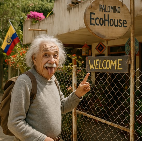 albert einstein visitando el hostal palomino ecohouse, la guajira
