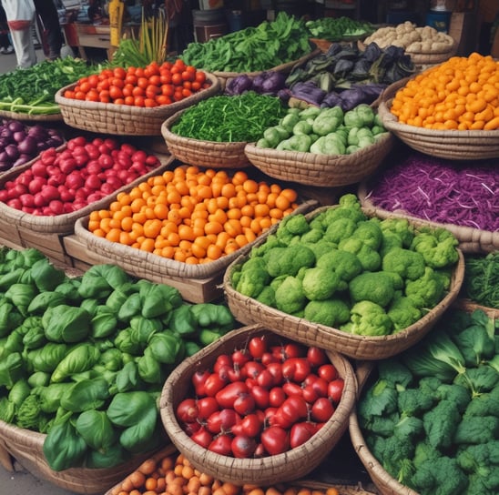 A vibrant market stall displays an assortment of fresh vegetables and packaged food items. Tomatoes, cucumbers, eggplants, and chillies are neatly arranged on blue trays. Various leafy greens and bundled herbs are piled in front, alongside packaged corn. The colorful produce is set against a rustic wooden table.