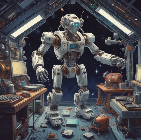 A small, white humanoid robot with blue accents, including eyes, mouth, and a circular badge with the letters 'AI' on its chest, is positioned in front of a blue laptop on a metallic surface. The robot has a simple, smooth design with two cylindrical arms and a small antenna on top.