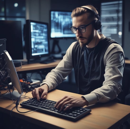 A modern desk setup featuring a camera lens, a tablet displaying an interface with app icons, a pair of earbuds in an open charging case, and a book titled 'Wireless and Mobile Device Security' on a shelf below.