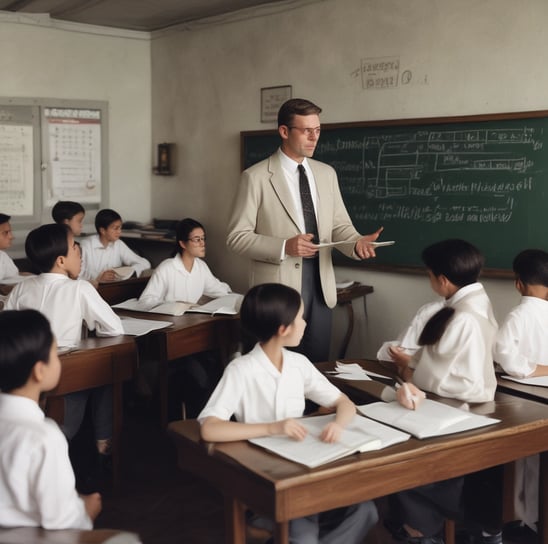 A person stands facing a chalkboard filled with mathematical equations, in a dimly lit classroom. Overhead, a fluorescent light illuminates the room, casting soft shadows. The person appears to be writing on the board, dressed casually in pants and a long-sleeved shirt.