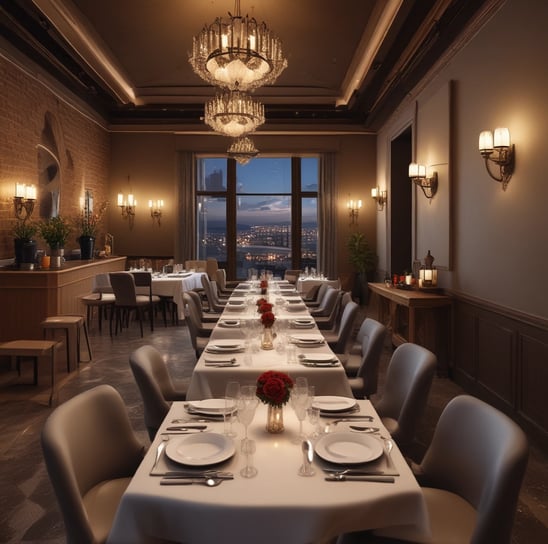 A luxurious dining room setting featuring elegantly arranged tables with white tablecloths, gold-colored chairs, and neatly placed tableware. The background showcases a grand fireplace with an ornate clock and large classical paintings adorning the walls.