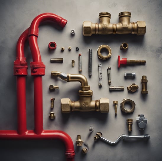 A collection of plumbing fittings and components is arranged on a surface. Notable items include a brass valve with a red handle, a couple of elbow joints, and a rolled-up white hose. In the background, a red and black ladder can be seen along with some metal poles against a concrete wall.