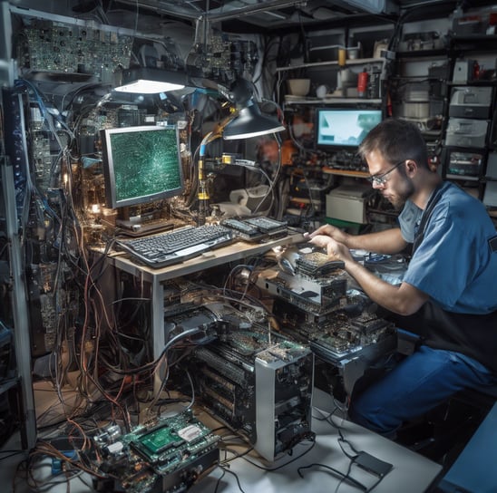 a man wearing a blindfold working on a circuit board
