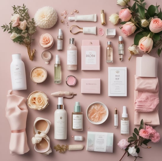 A selection of grooming products arranged on a cloth-covered surface. Included are bottles of various sizes and colors, a wristwatch, and a small potted cactus. The bottles feature a minimalist design, mostly in black and dark hues, and are accompanied by a scented candle.
