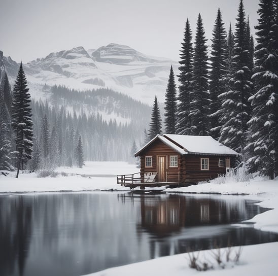 A scenic rural landscape featuring traditional wooden buildings, green fields, and a lake in the background. The architecture of the buildings reflects a rustic style. Trees are scattered throughout the area, adding to the serene and natural atmosphere.