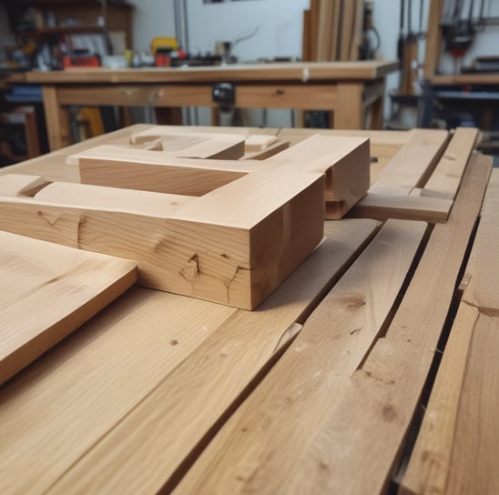 A woodworking shop with stacks of cut wooden boards organized on a surface. In the foreground, a uniquely shaped carved wooden piece stands upright. Behind, multiple planks of varying sizes are stored horizontally on racks.
